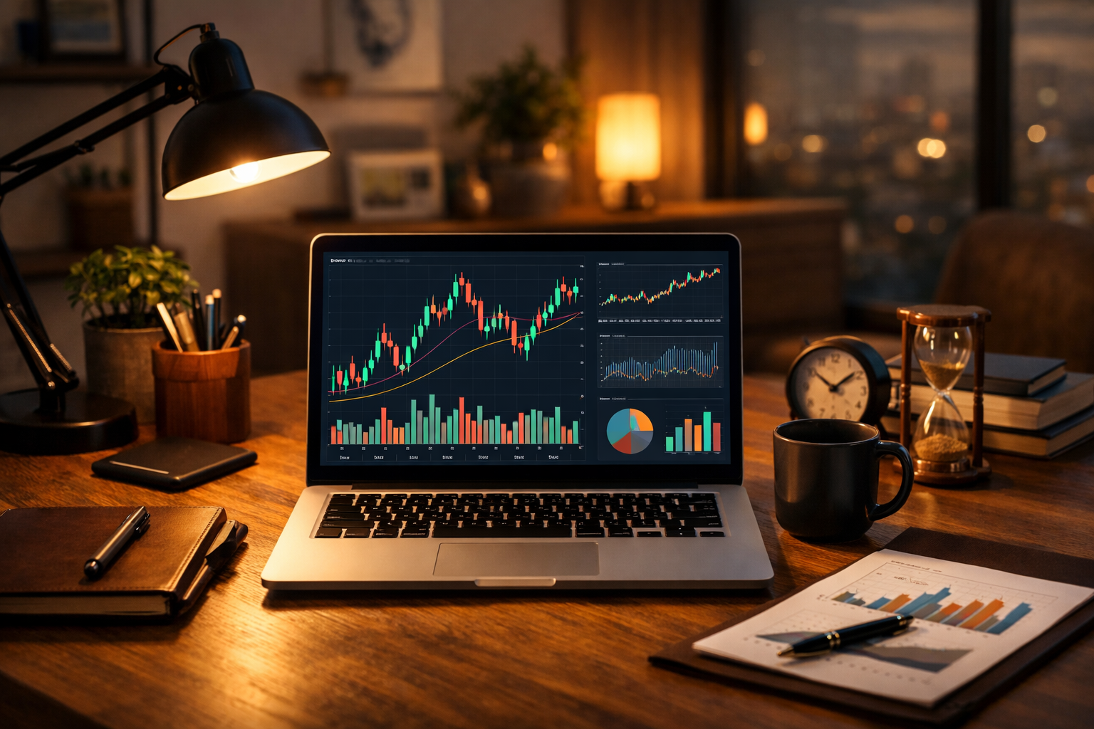 Laptop showing financial charts and graphs on desk with lamp and office items