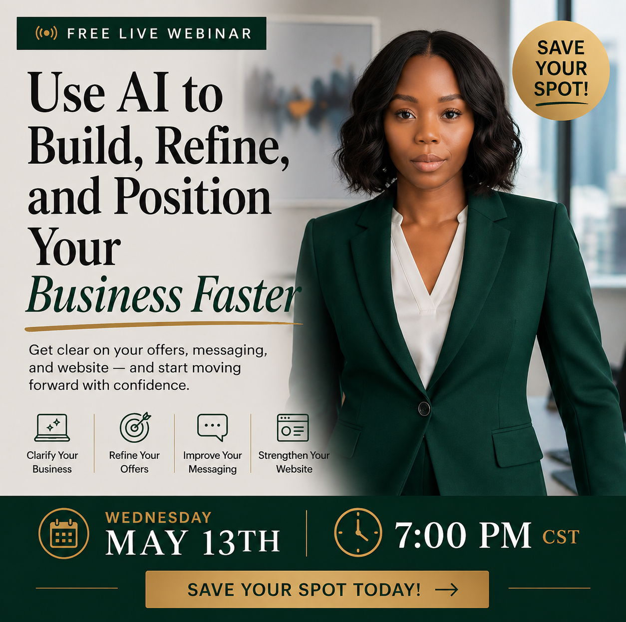 Promotional banner for a free live webinar: 'Use AI to Build, Refine, and Position Your Business Faster' with a professional woman in a green blazer and a gold 'Save Your Spot' badge; bottom shows date and time.